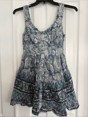Shore brand boho coastal beach 100% cotton mini Blue Floral Print lined Sundress